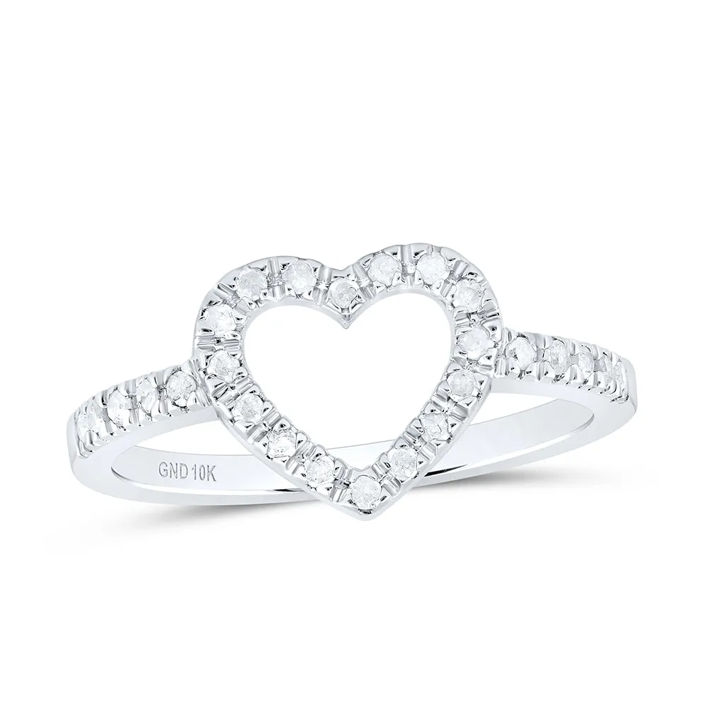 10kt White Gold Womens Round Diamond Simple Heart Outline Ring 1/5 Cttw