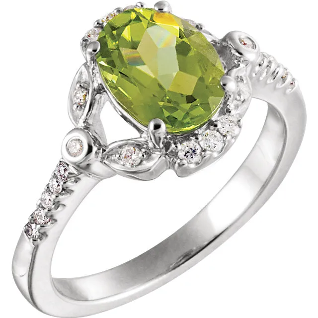 14k White Gold Genuine Oval Peridot & Diamond Accented Ring