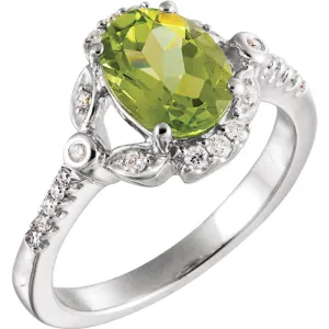 14k White Gold Genuine Oval Peridot & Diamond Accented Ring
