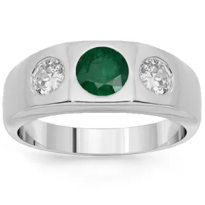 14K White Solid Gold Mens Diamond Emerald Ring 2.15 Ctw