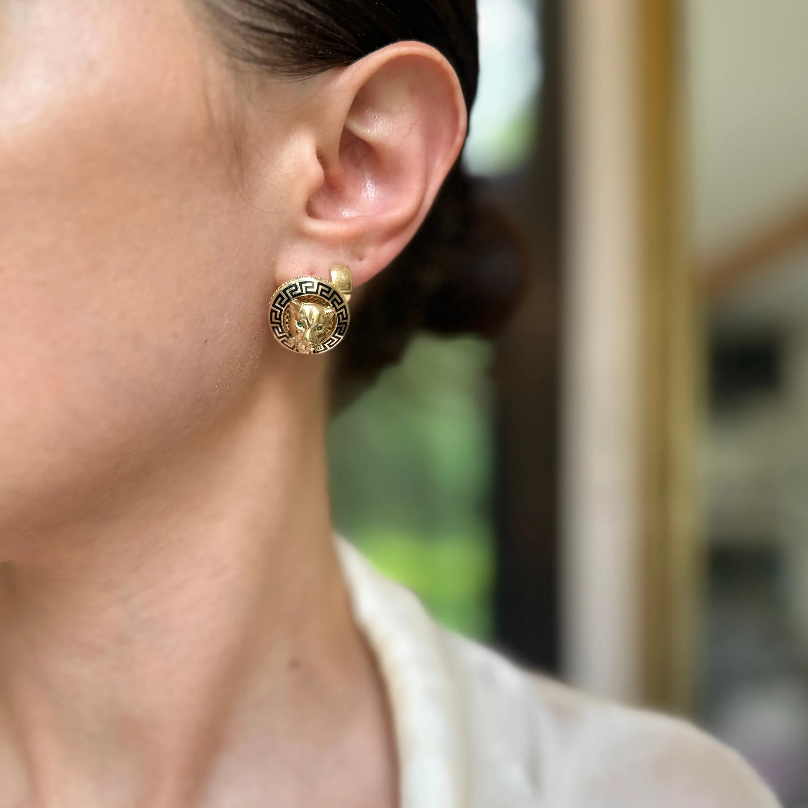 14KT Yellow Gold Italian Black Enamel Greek Key Gold Panther Omega Back Earrings
