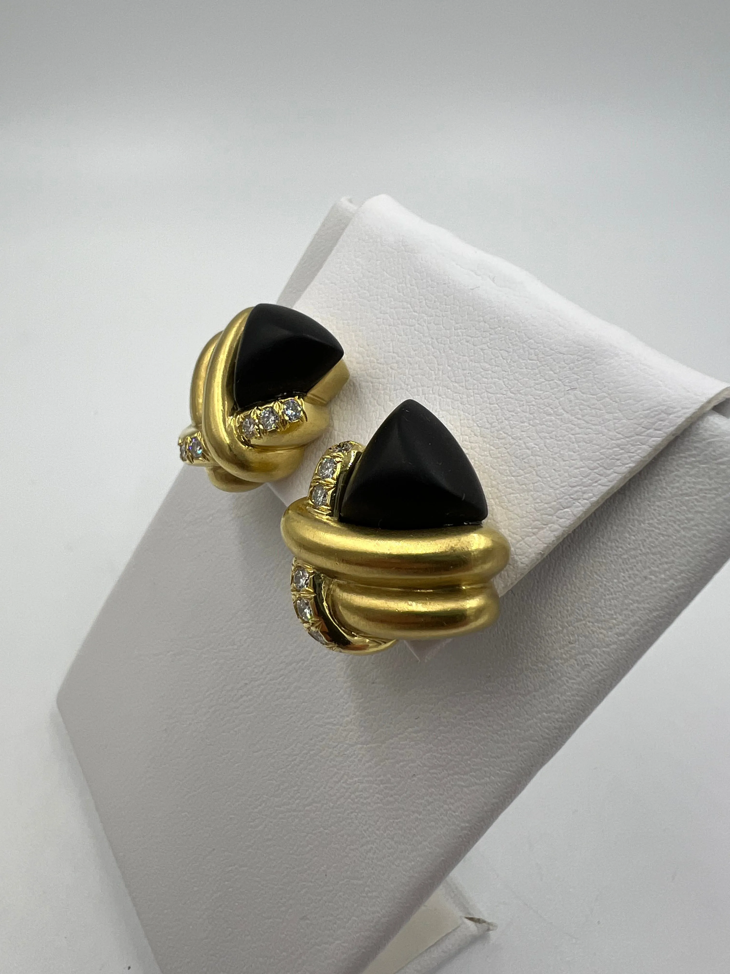 1970s Marlene Stowe Matte Onyx Diamond 18k Yellow Gold Clip On Earrings
