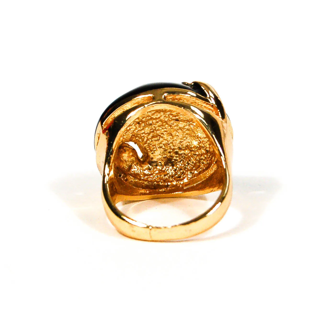 1980's Black and Gold Statement Ring with Rhinestone Hearts