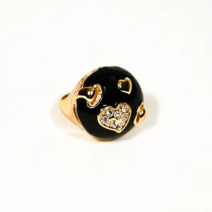 1980's Black and Gold Statement Ring with Rhinestone Hearts