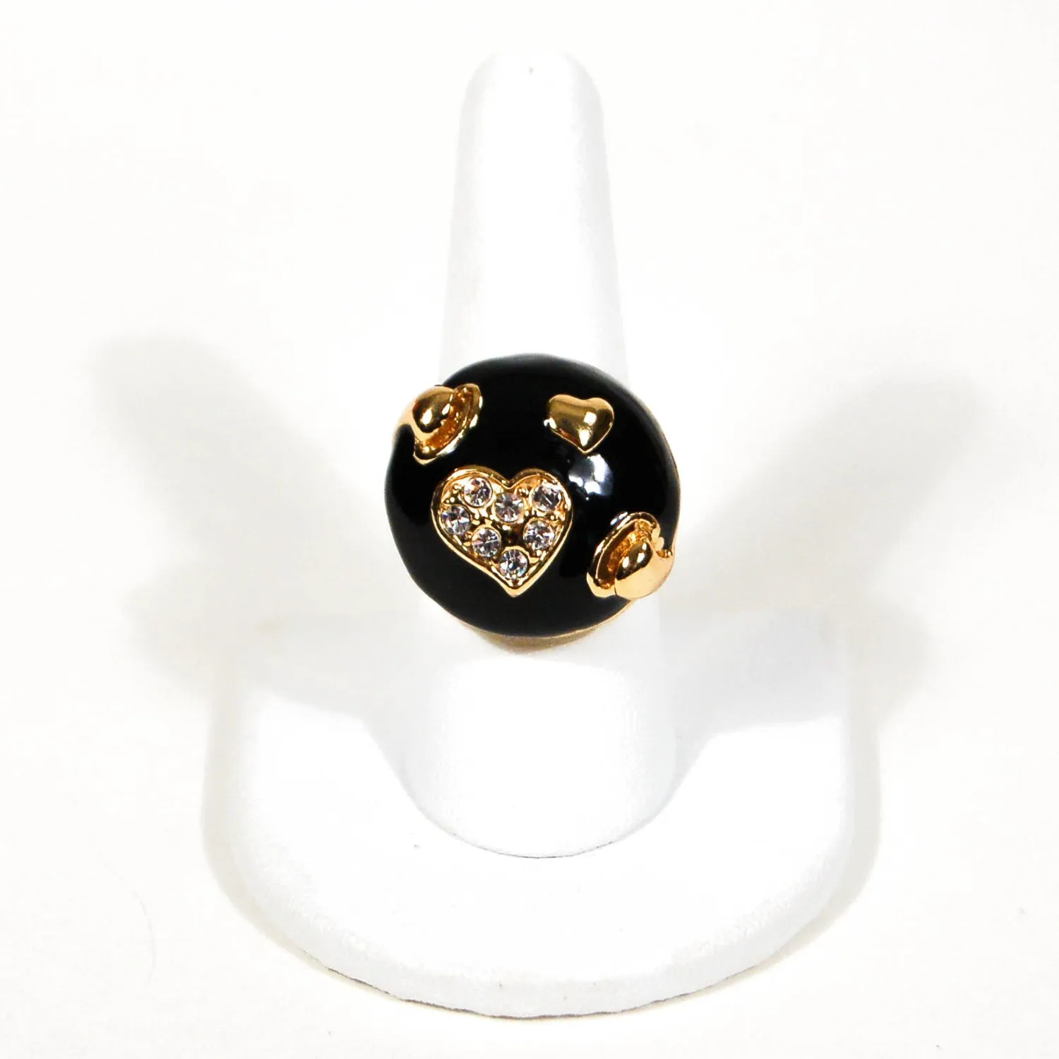1980's Black and Gold Statement Ring with Rhinestone Hearts