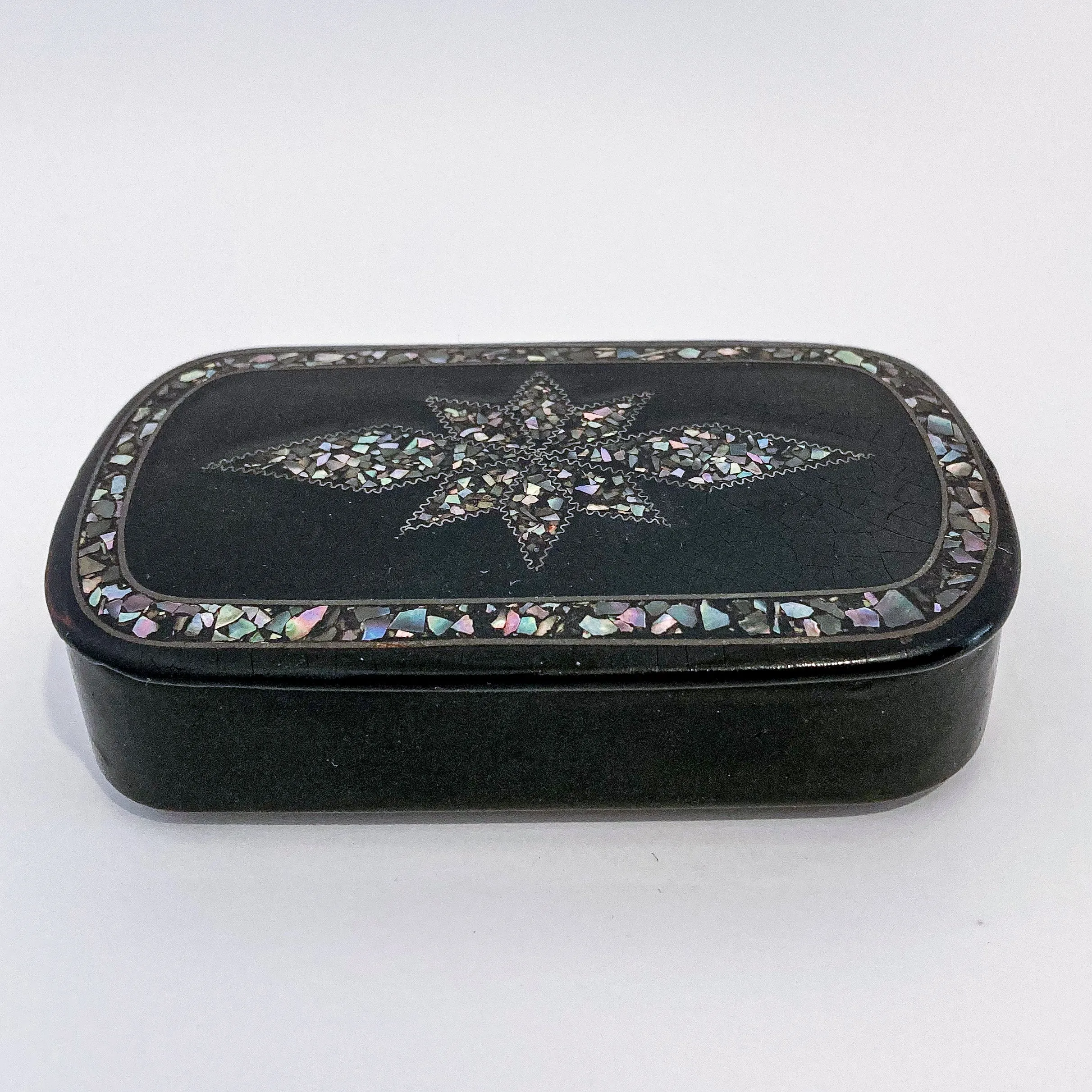 19th Century Antique Abalone Shell Inlay Papier-Mache English Trinket Box