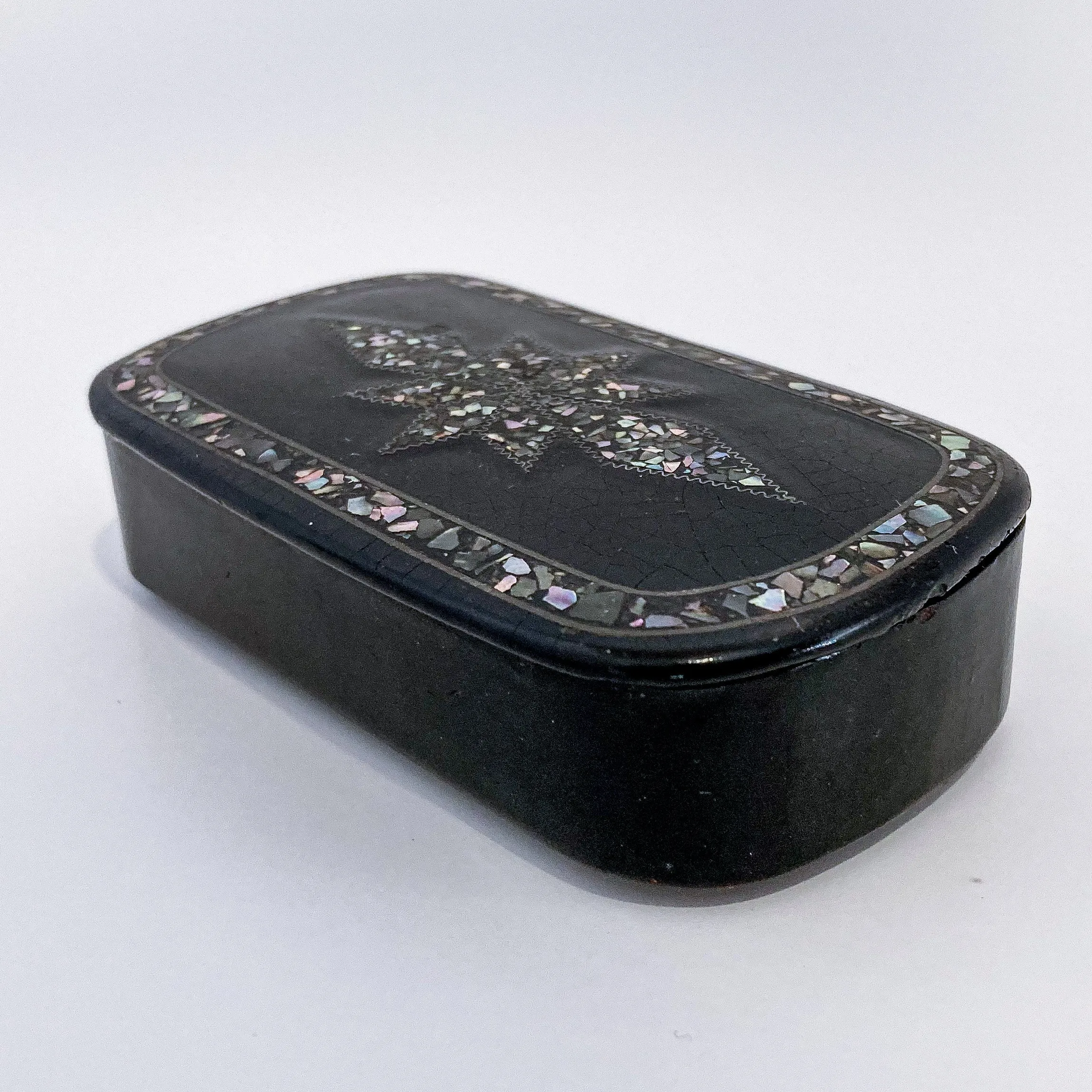 19th Century Antique Abalone Shell Inlay Papier-Mache English Trinket Box