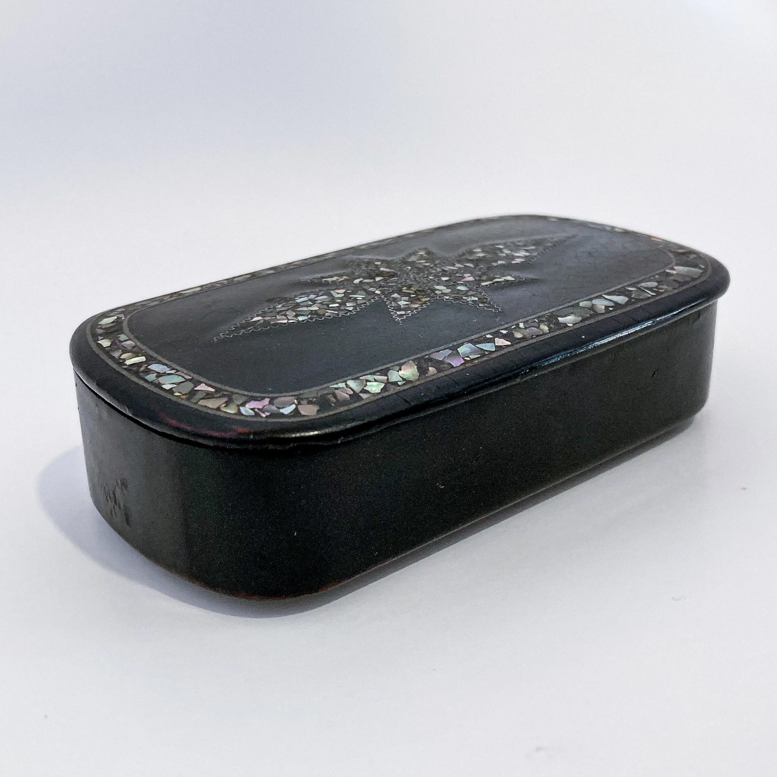 19th Century Antique Abalone Shell Inlay Papier-Mache English Trinket Box