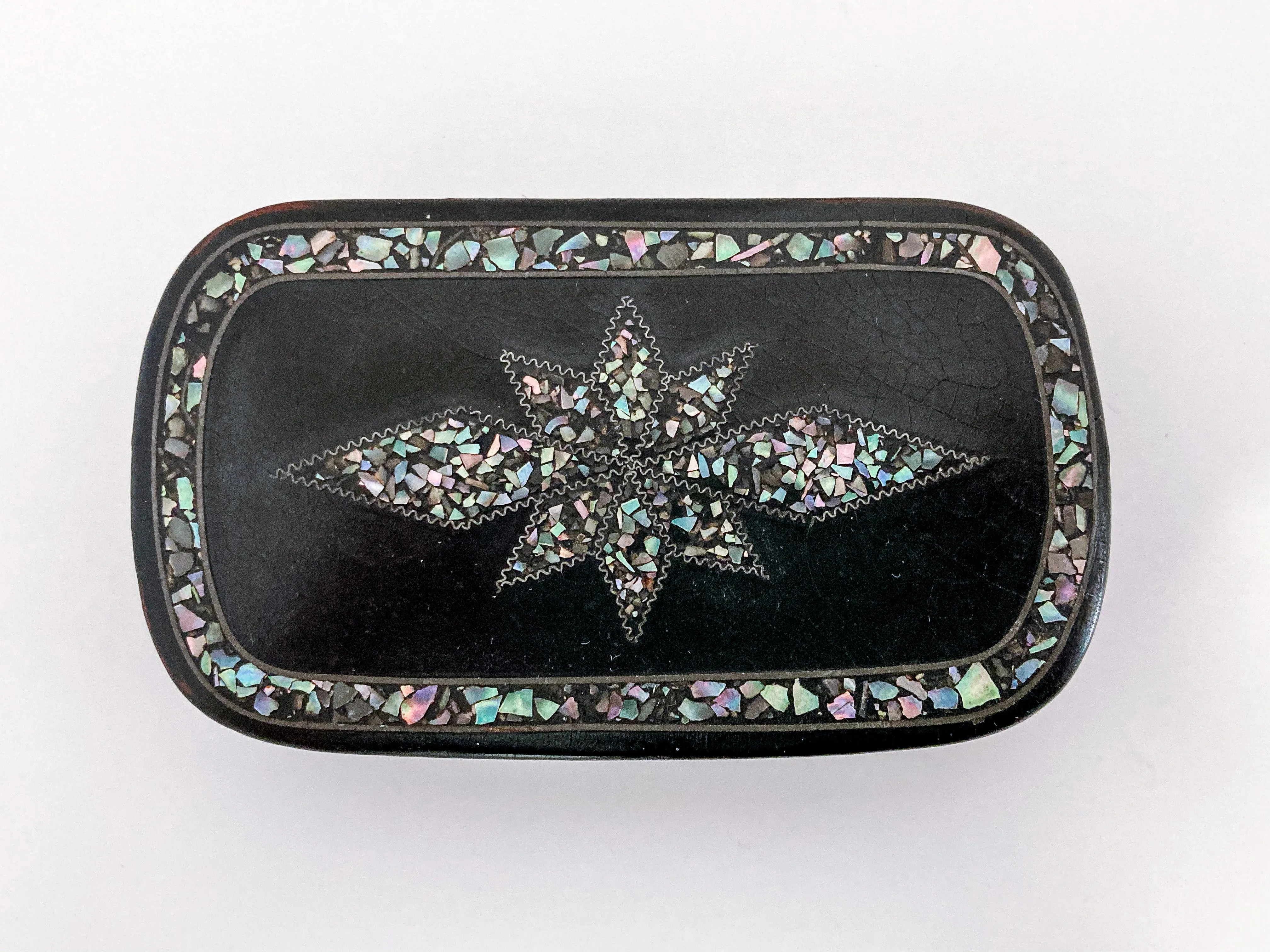 19th Century Antique Abalone Shell Inlay Papier-Mache English Trinket Box