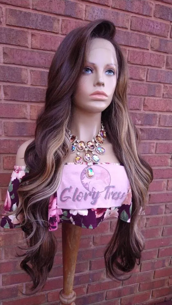 36" Wavy Lace Front Wig Pre-Plucked HD Lace Wig Human Hair Blend Brown Ash Blonde Wig With Highlights 13X6 Free Parting Glory Tress- ELEGANT