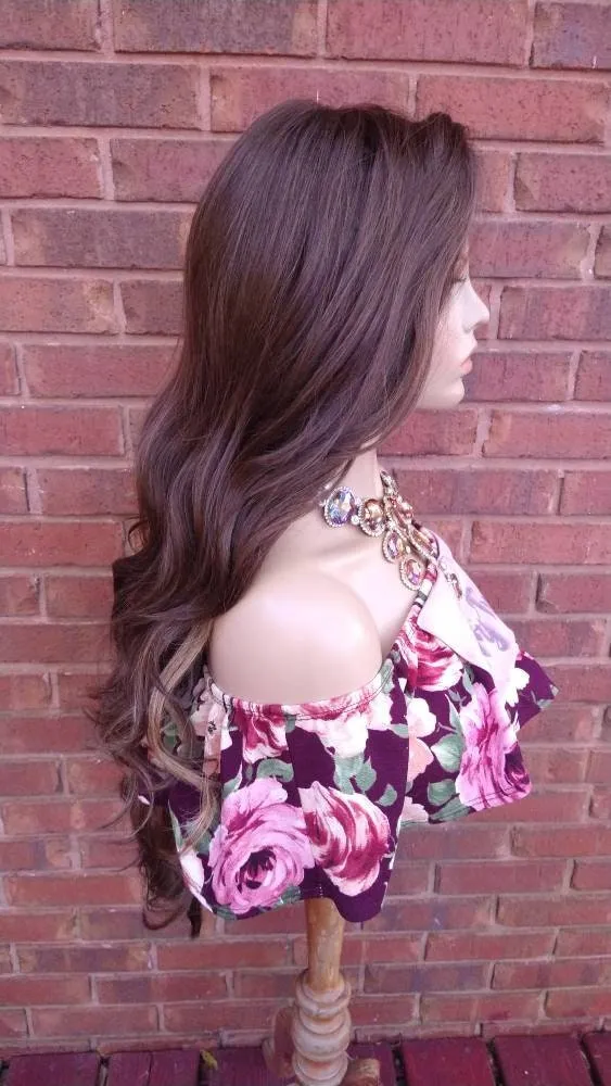 36" Wavy Lace Front Wig Pre-Plucked HD Lace Wig Human Hair Blend Brown Ash Blonde Wig With Highlights 13X6 Free Parting Glory Tress- ELEGANT