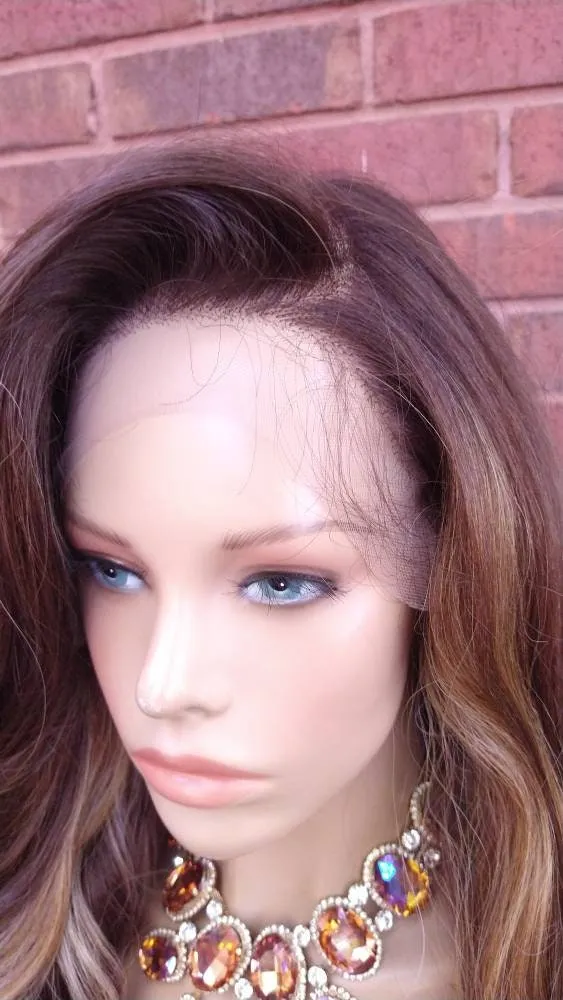 36" Wavy Lace Front Wig Pre-Plucked HD Lace Wig Human Hair Blend Brown Ash Blonde Wig With Highlights 13X6 Free Parting Glory Tress- ELEGANT