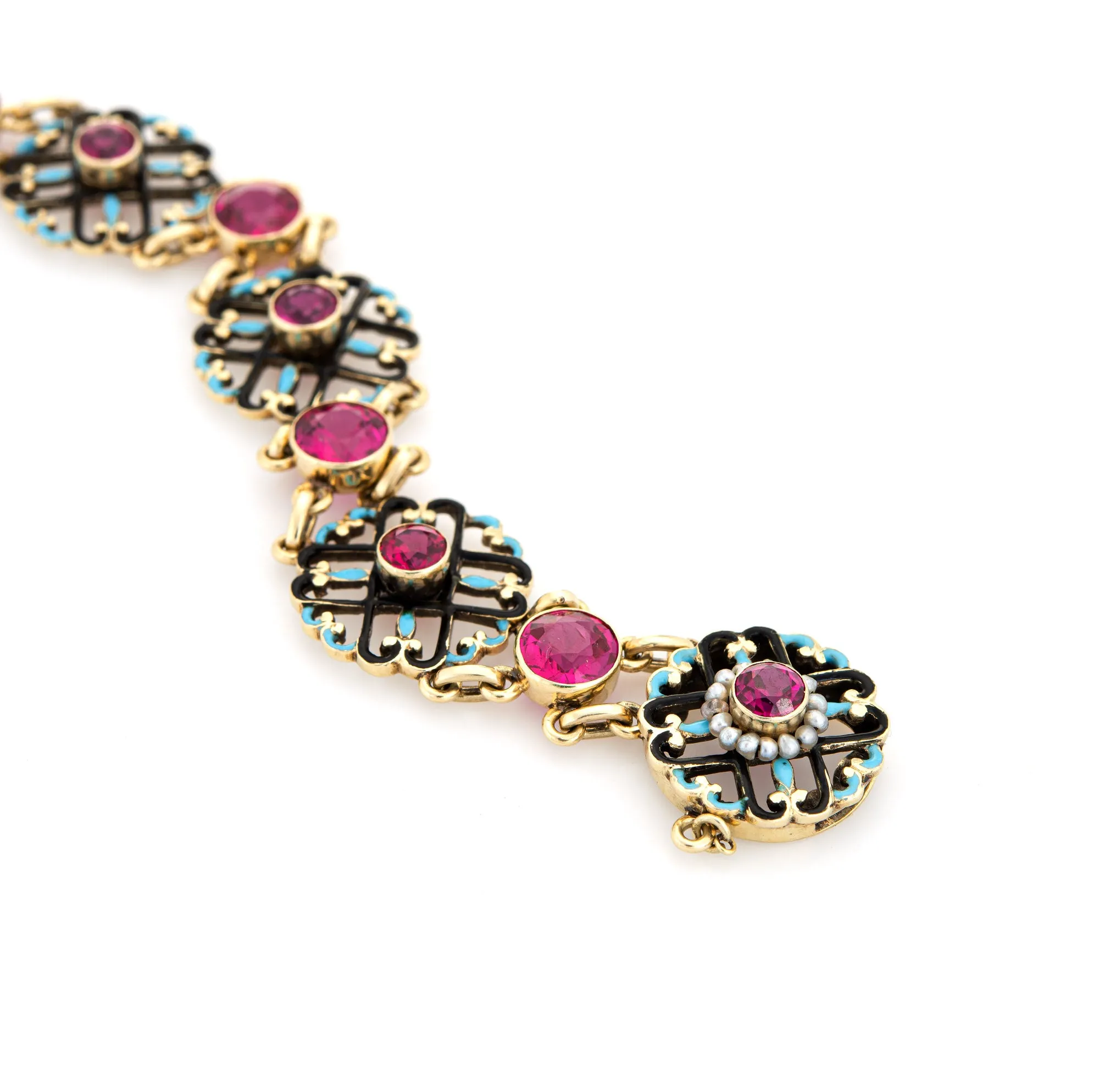Antique Edwardian Enamel Bracelet Vintage 14k Yellow Gold Seed Pearls 6 Inch