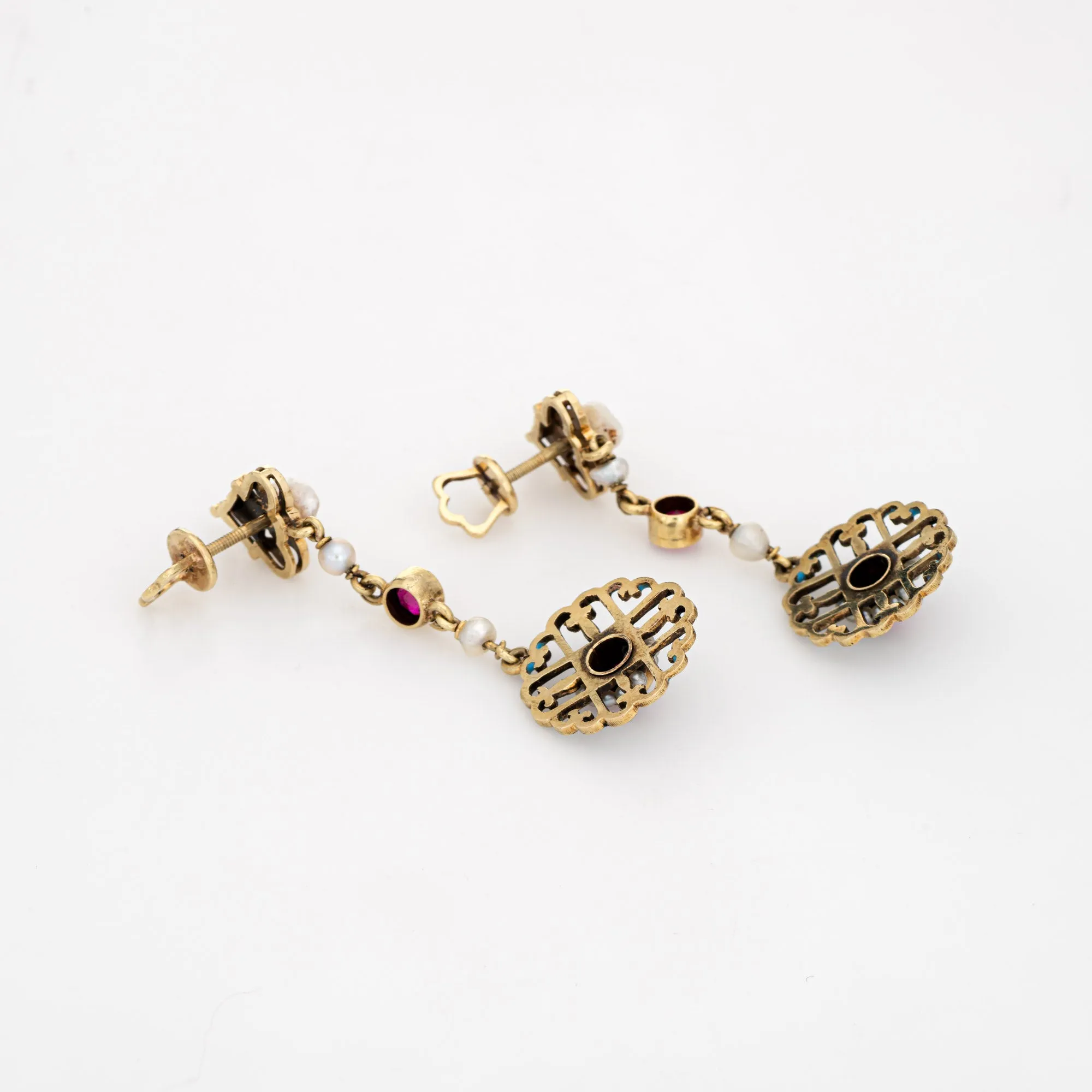 Antique Edwardian Enamel Drop Earrings Vintage 14k Yellow Gold Seed Pearls 2"