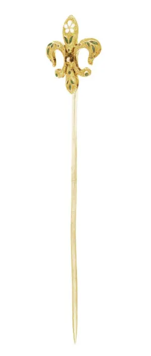 Antique Victorian Enameled Fleur-de-Lis Stick Pin in 14 Karat Yellow Gold
