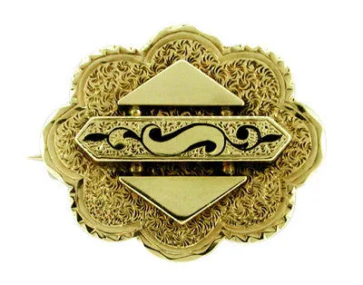 Antique Victorian Engraved Black Enamel Pendant Brooch in 10 Karat Gold