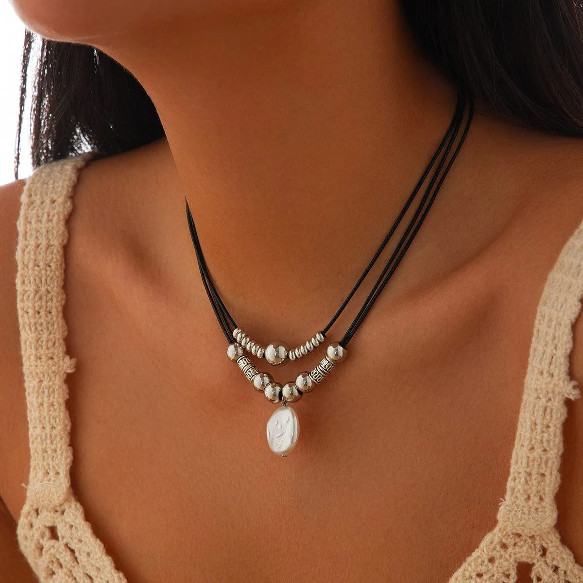 Boho Irregular Pearl Pendant Wax Cord String Necklace