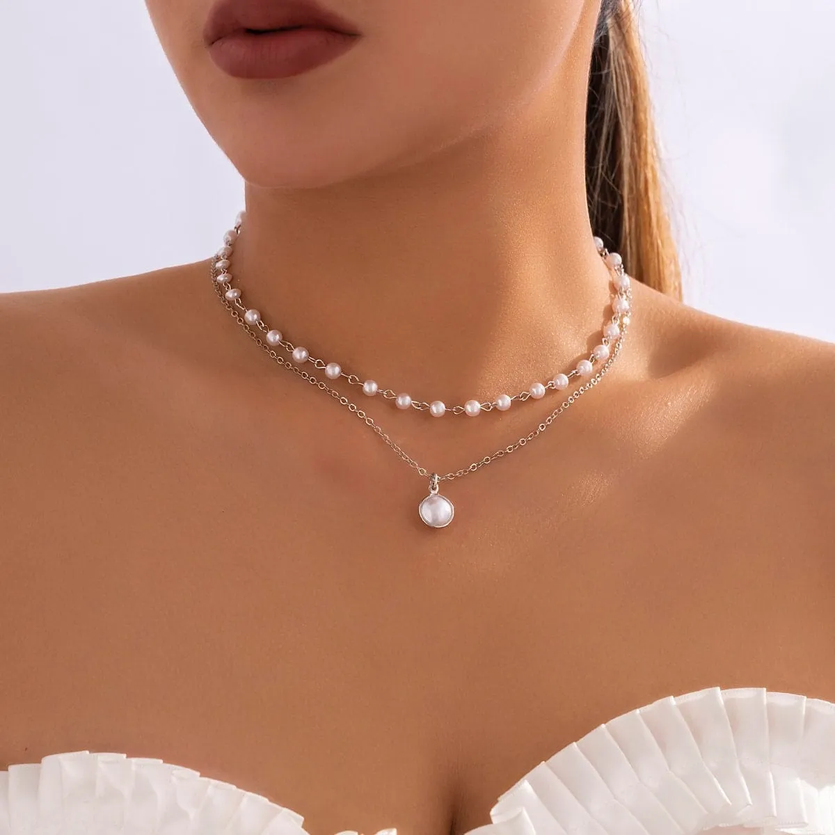 Boho Layered Pearl Pendant Cable Pearl Chain Choker Necklace Set