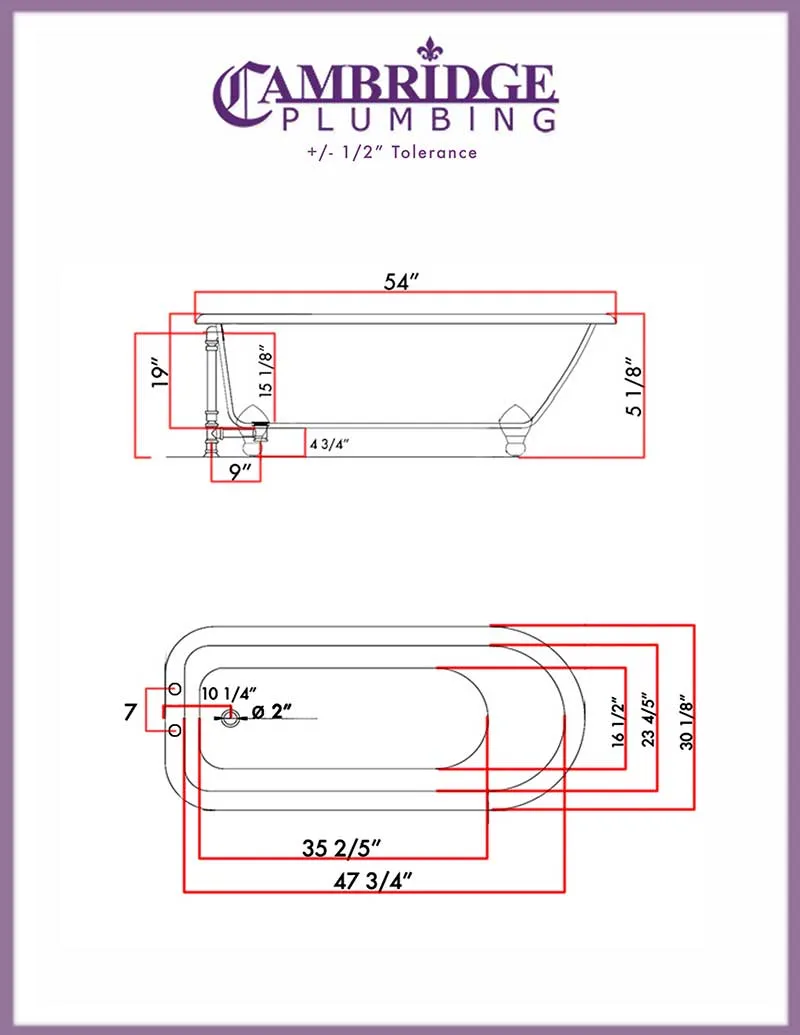 Cambridge Plumbing Cast-Iron Rolled Rim Clawfoot Tub 55" X 30" with 7" Deck Mount Faucet Drillings and Brushed Nickel Feet