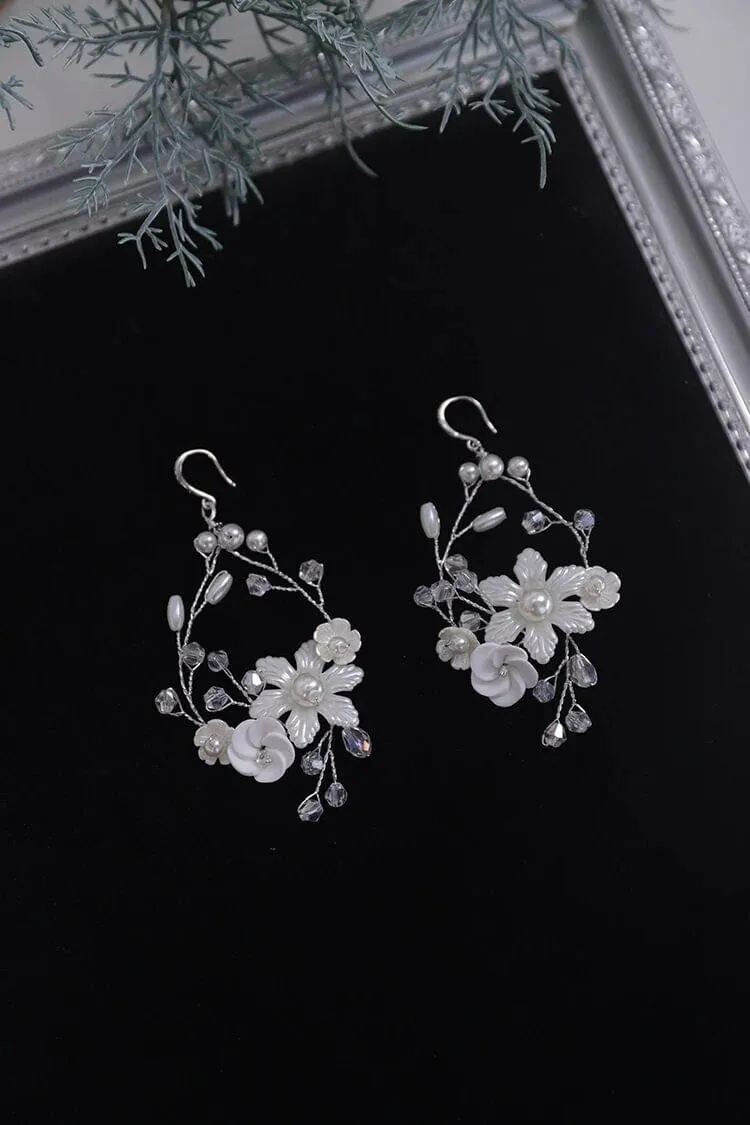 Ceramic Flower Wedding Earrings, Bridal Silver Wire Hoop Earrings, Large Crystal Hooped Floral Wedding Earrings