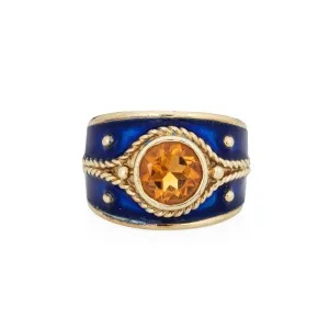Citrine Wide Band Cigar Ring Blue Enamel Sz 6 14k Gold Vintage Estate Jewelry