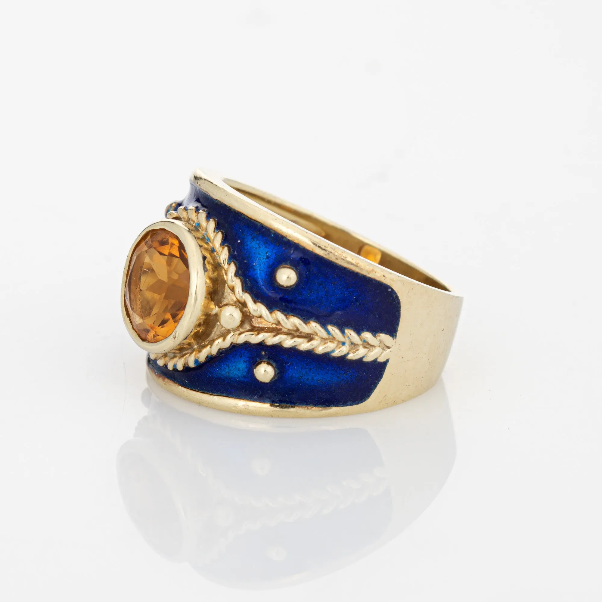 Citrine Wide Band Cigar Ring Blue Enamel Sz 6 14k Gold Vintage Estate Jewelry