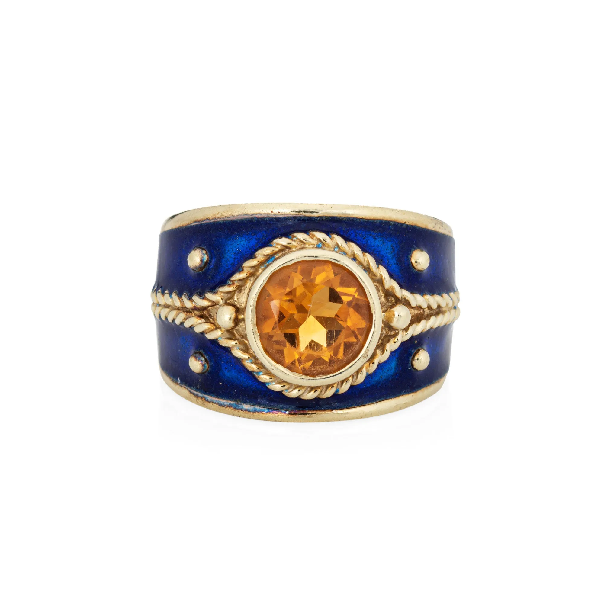 Citrine Wide Band Cigar Ring Blue Enamel Sz 6 14k Gold Vintage Estate Jewelry