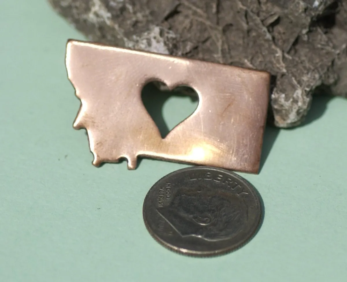 Copper or Bronze or Brass Montana State Medium with Heart Perfect  Blanks Cutout for Metalworking Stamping Texturing Blank - 5 pieces