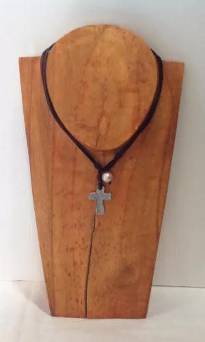 Cross Choker, Freshwater Pearl and Hammered Metal Cross Necklace