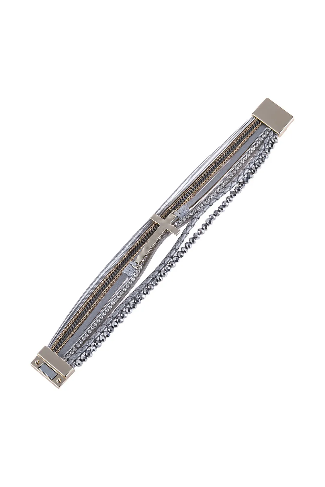 CROSS LEATHER WRAP GLASS BEADS MAGNETIC BRACELET