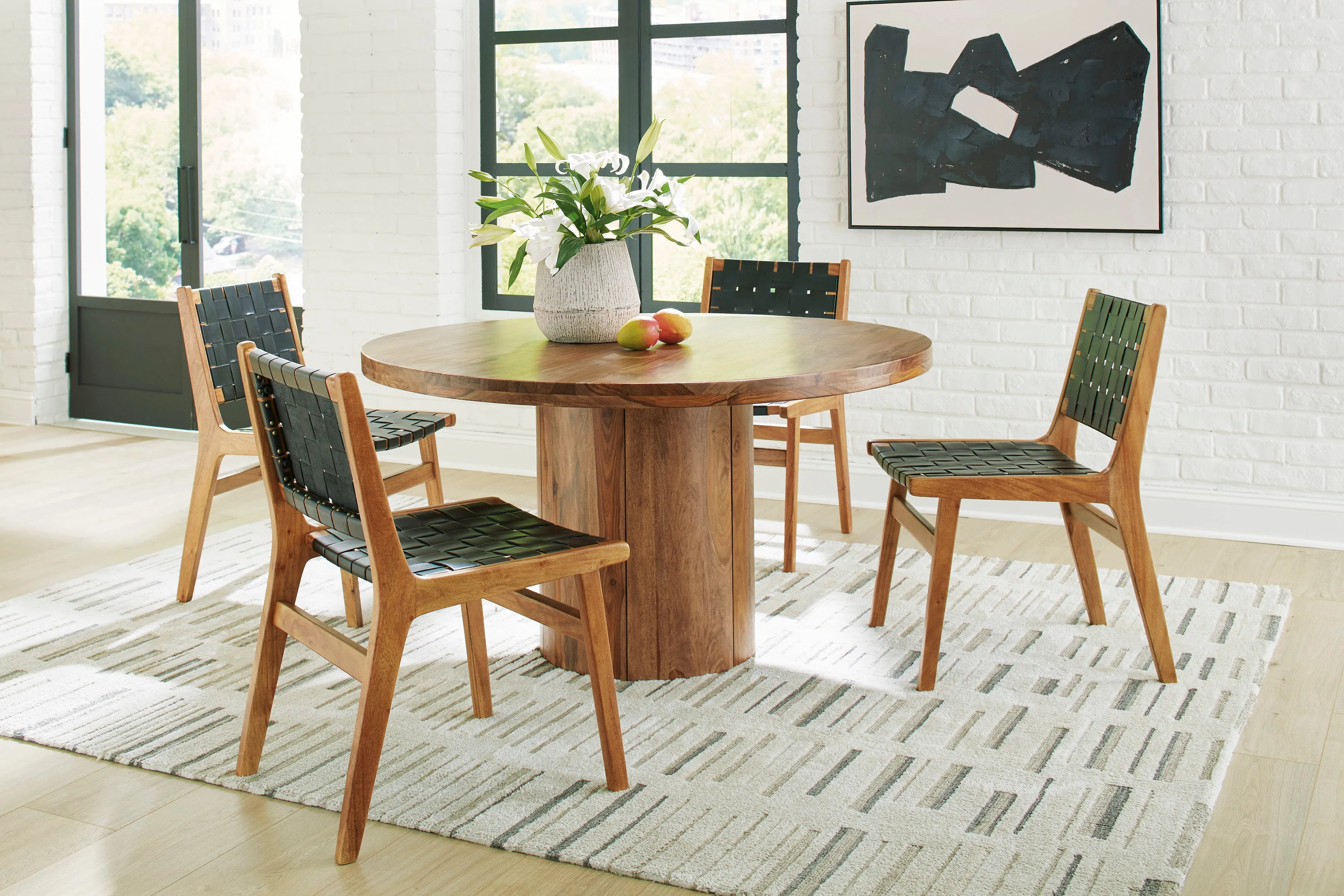 Dahlia 54" Round Table & 4 Leather/Wood Side Chairs