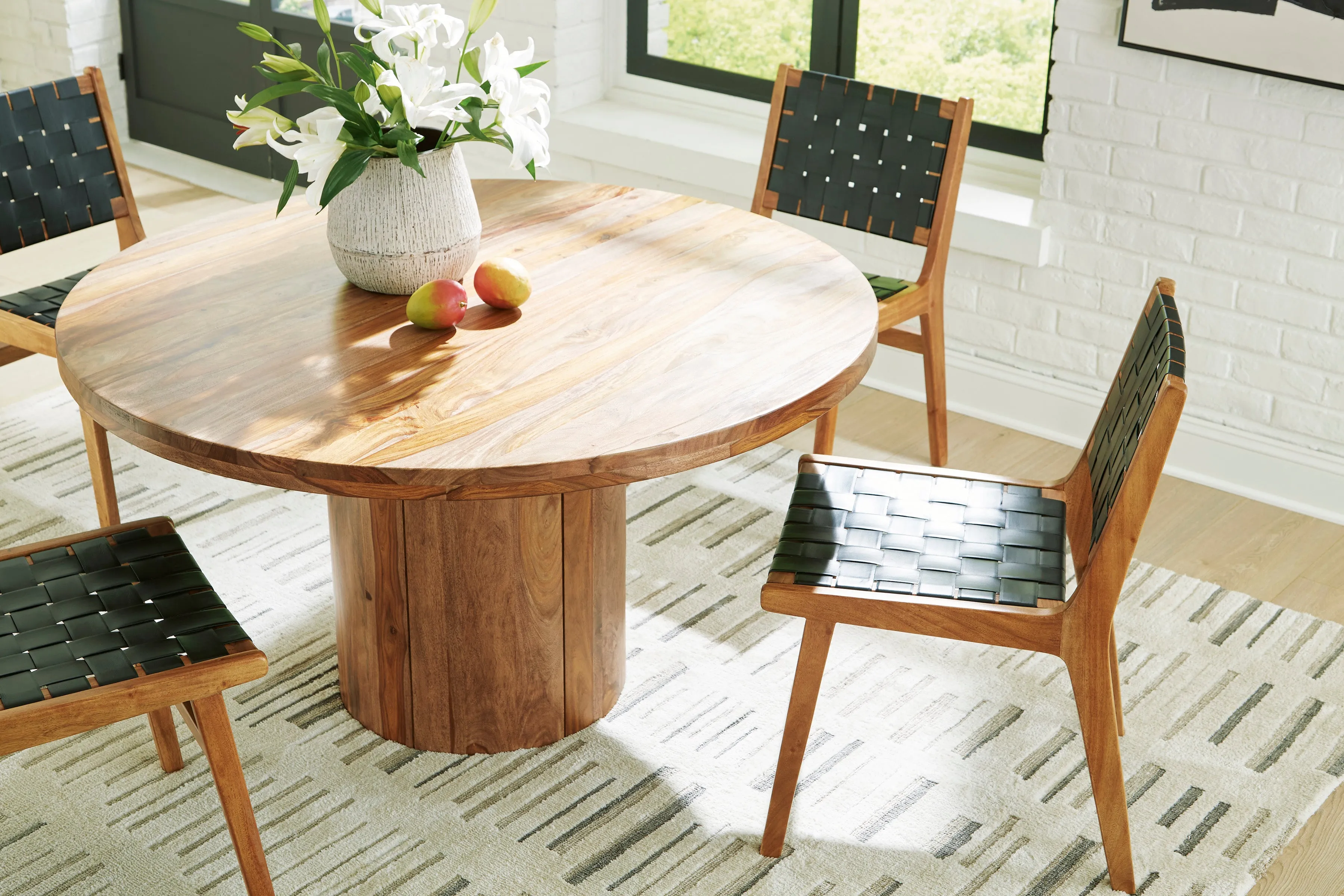 Dahlia 54" Round Table & 4 Leather/Wood Side Chairs