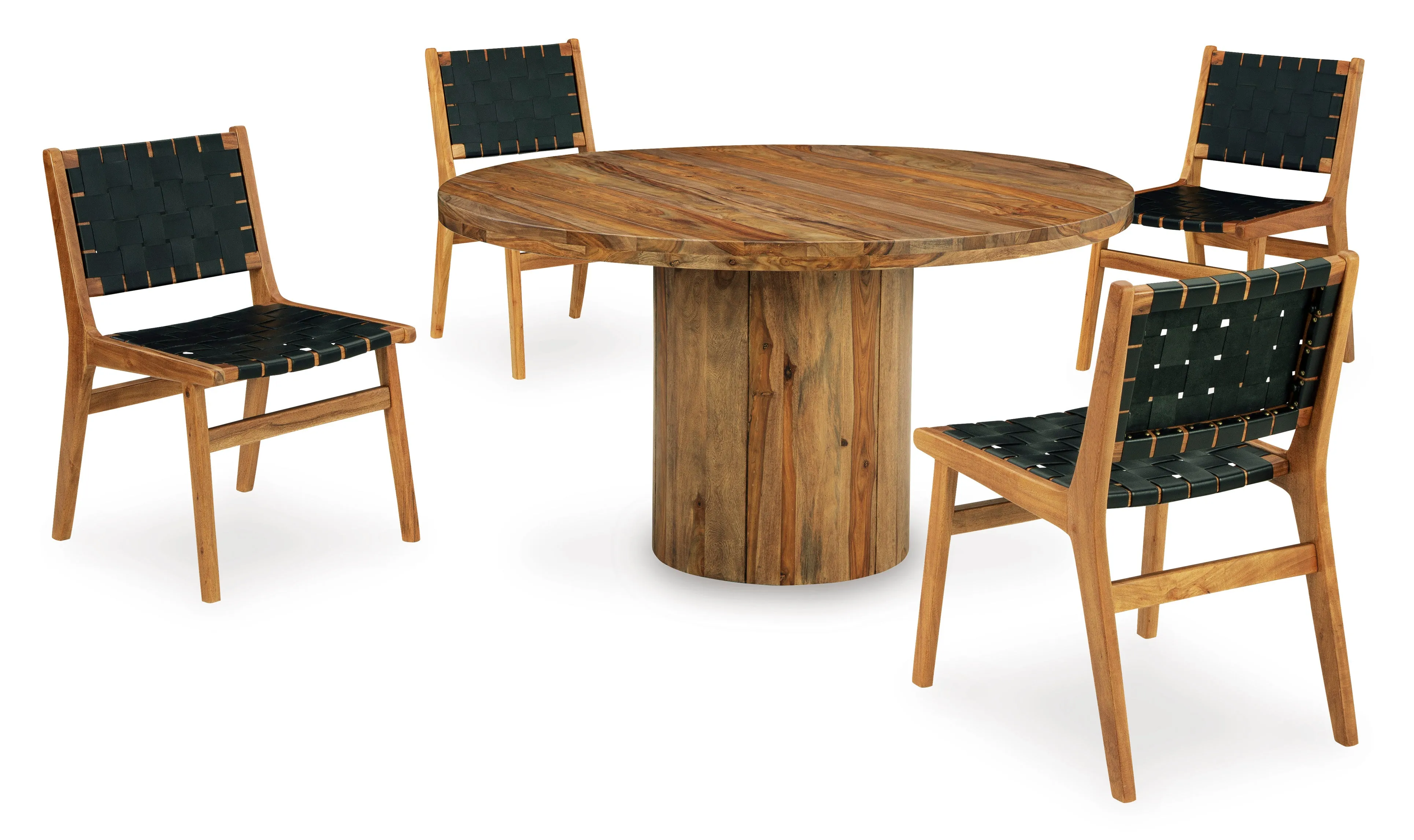 Dahlia 54" Round Table & 4 Leather/Wood Side Chairs