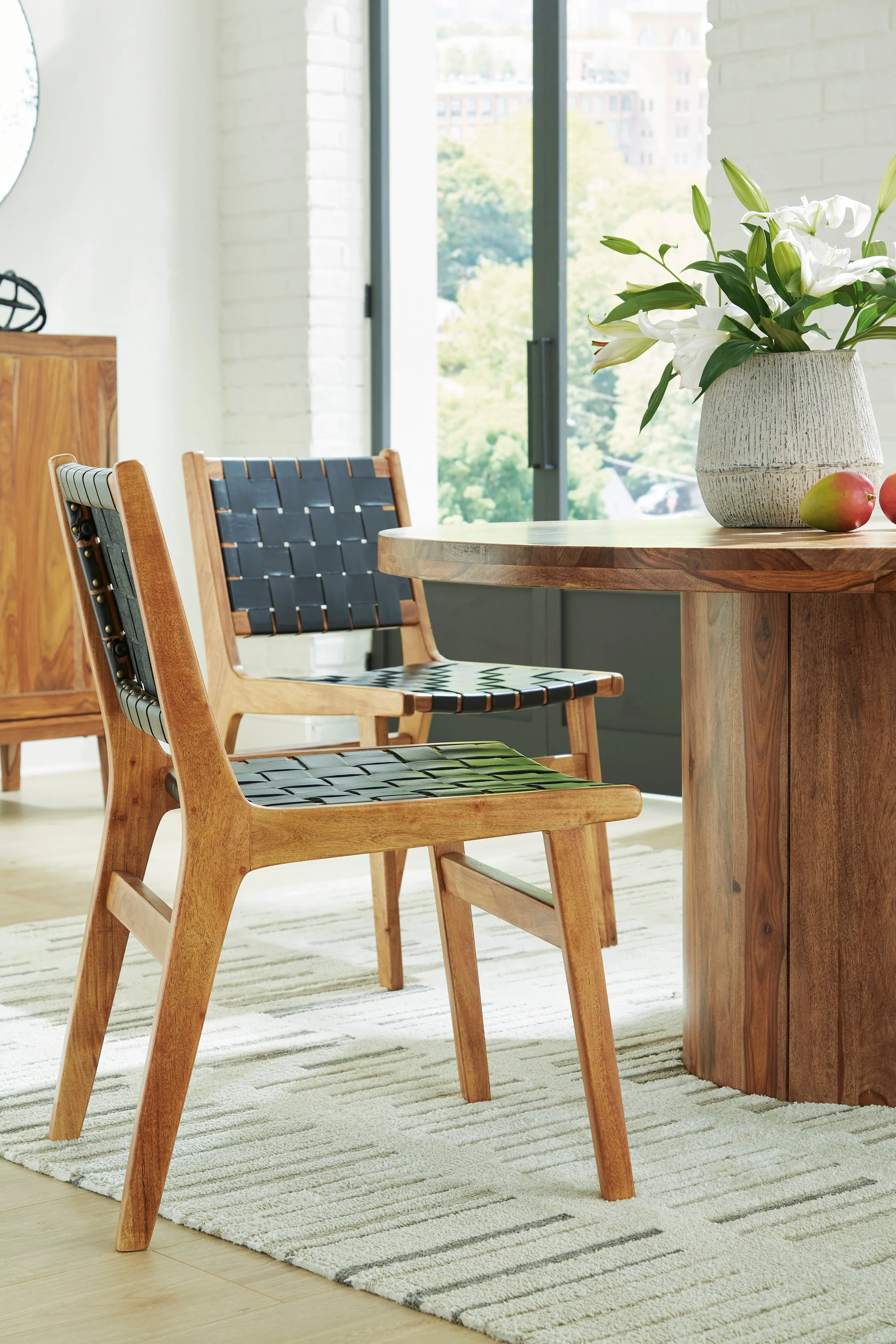 Dahlia 54" Round Table & 4 Leather/Wood Side Chairs