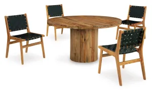 Dahlia 54" Round Table & 4 Leather/Wood Side Chairs