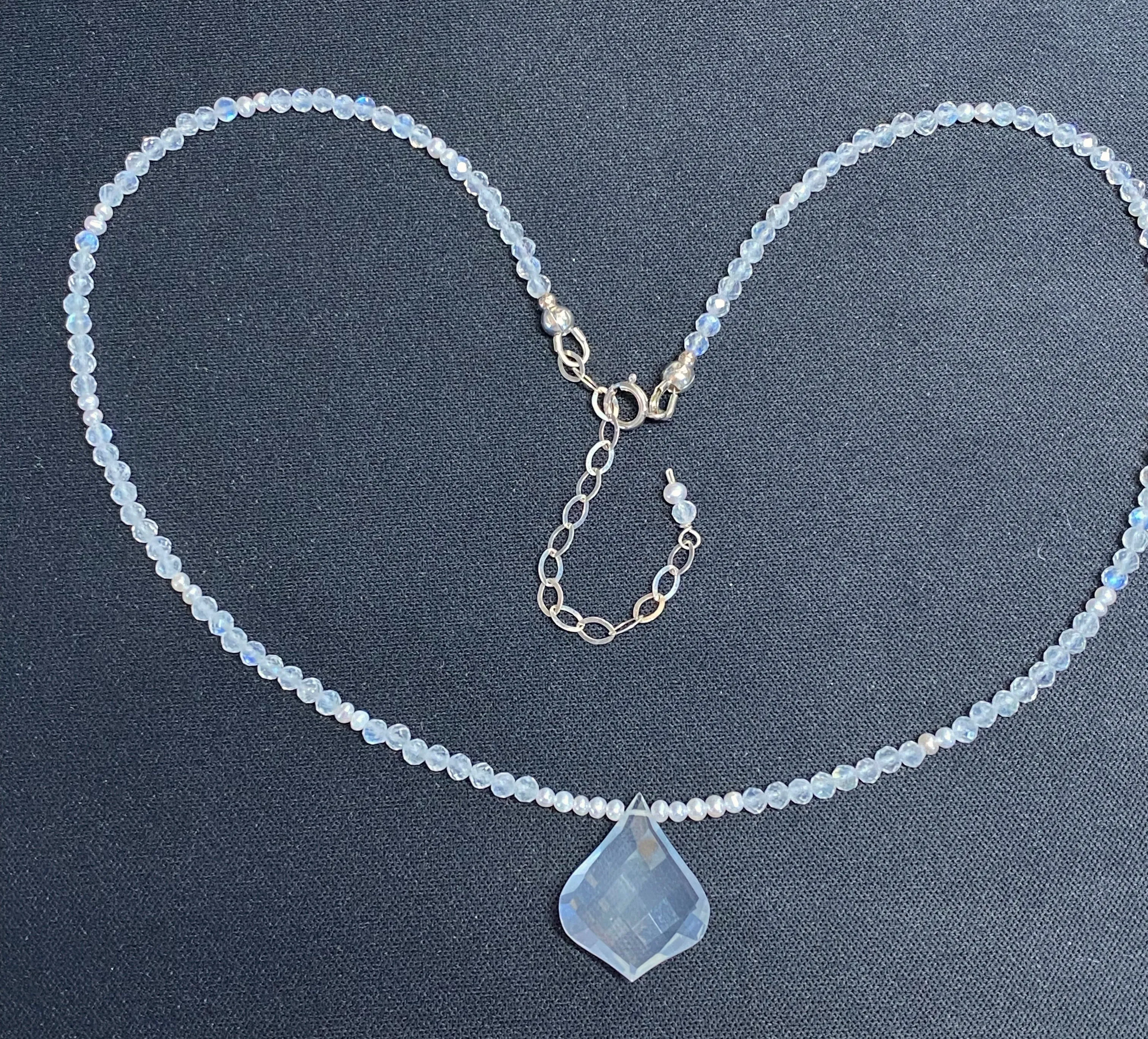 Dainty Rainbow Moonstone Pearl, Ice Quartz Pendant Bridal Necklace