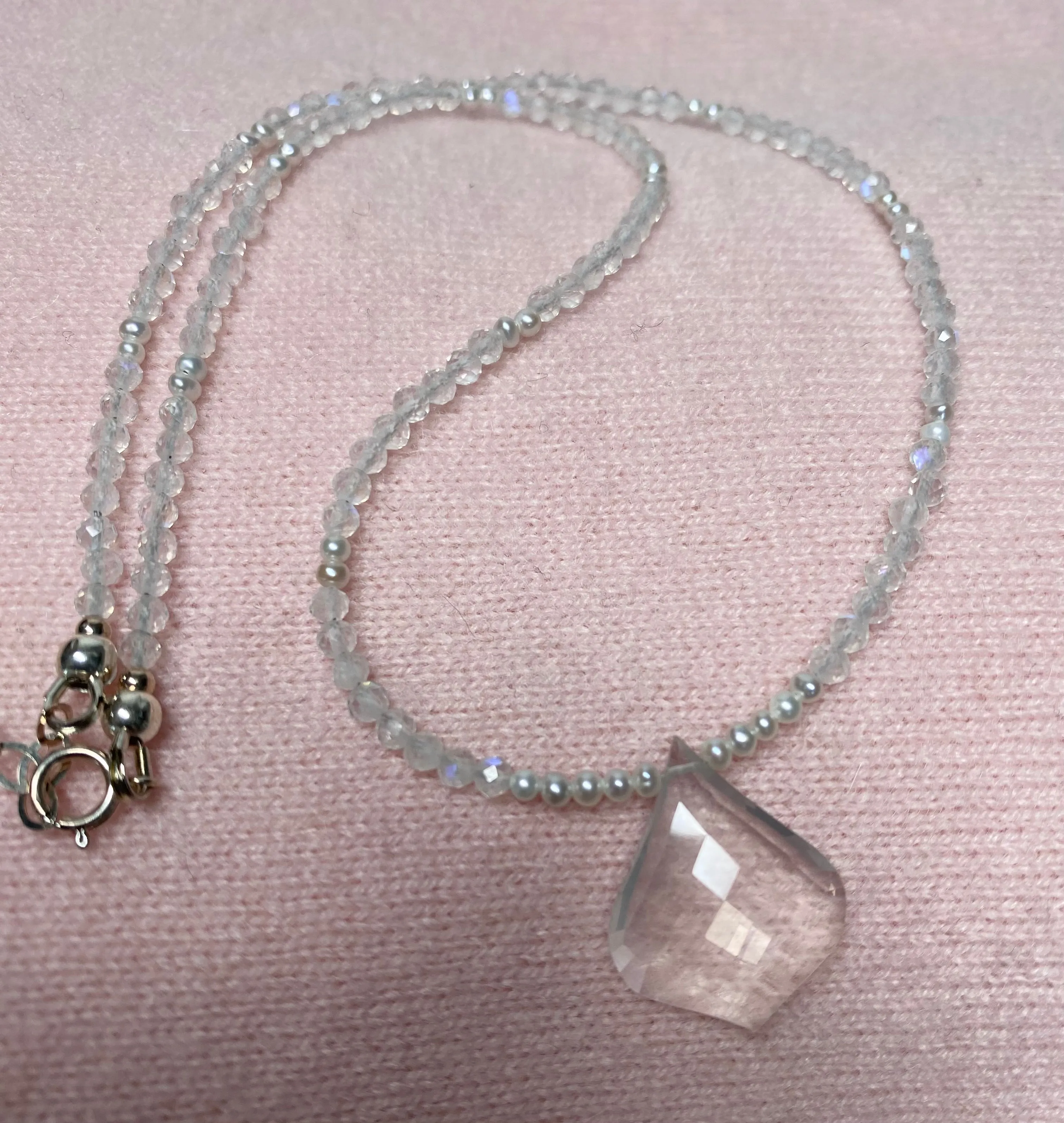 Dainty Rainbow Moonstone Pearl, Ice Quartz Pendant Bridal Necklace