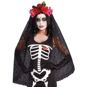 Day Of The Dead Black Lace Veil With Roses