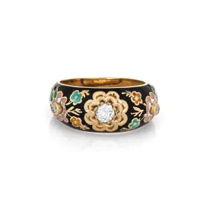 Diamond Enamel Band 14k Yellow Gold Ring Colorful Flowers Sz 6.5 Stacking