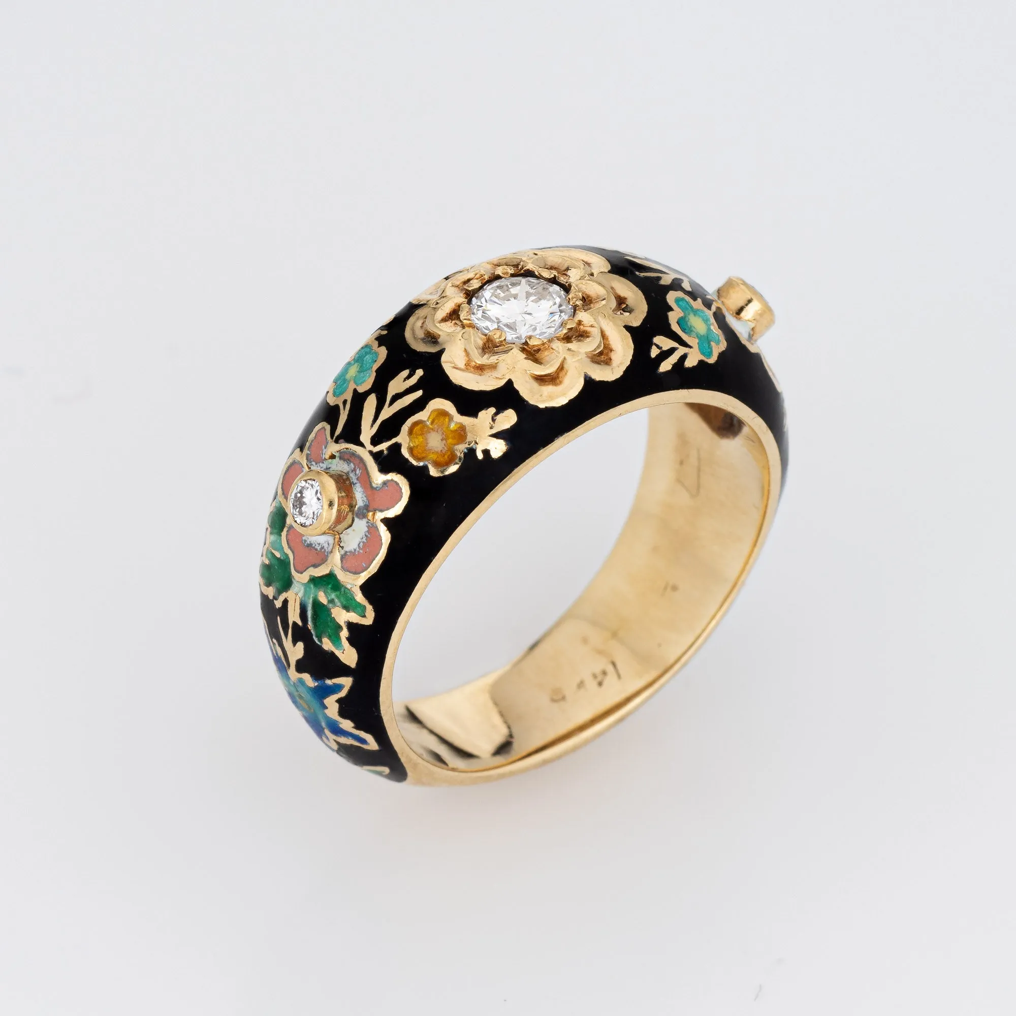 Diamond Enamel Band 14k Yellow Gold Ring Colorful Flowers Sz 6.5 Stacking