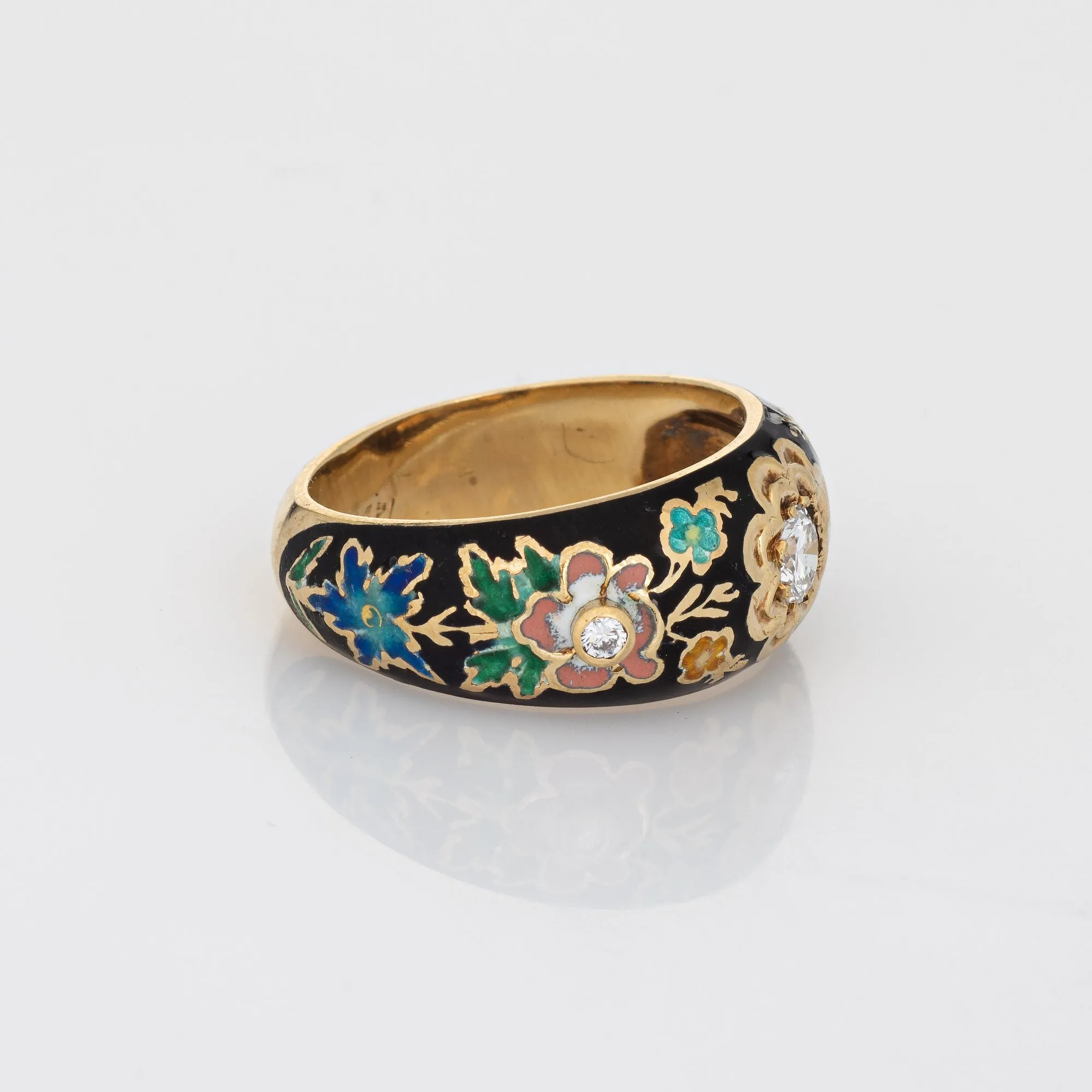 Diamond Enamel Band 14k Yellow Gold Ring Colorful Flowers Sz 6.5 Stacking