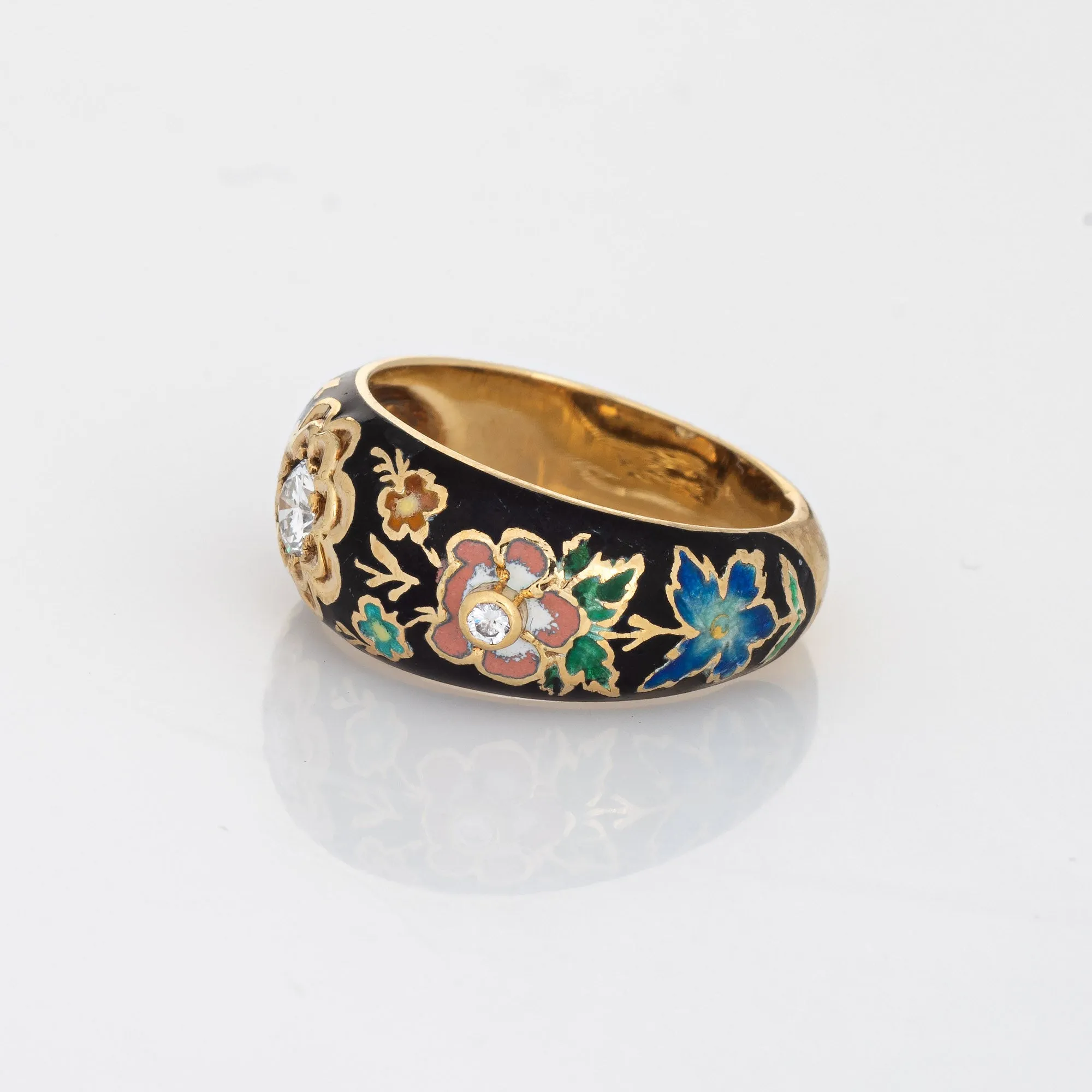 Diamond Enamel Band 14k Yellow Gold Ring Colorful Flowers Sz 6.5 Stacking