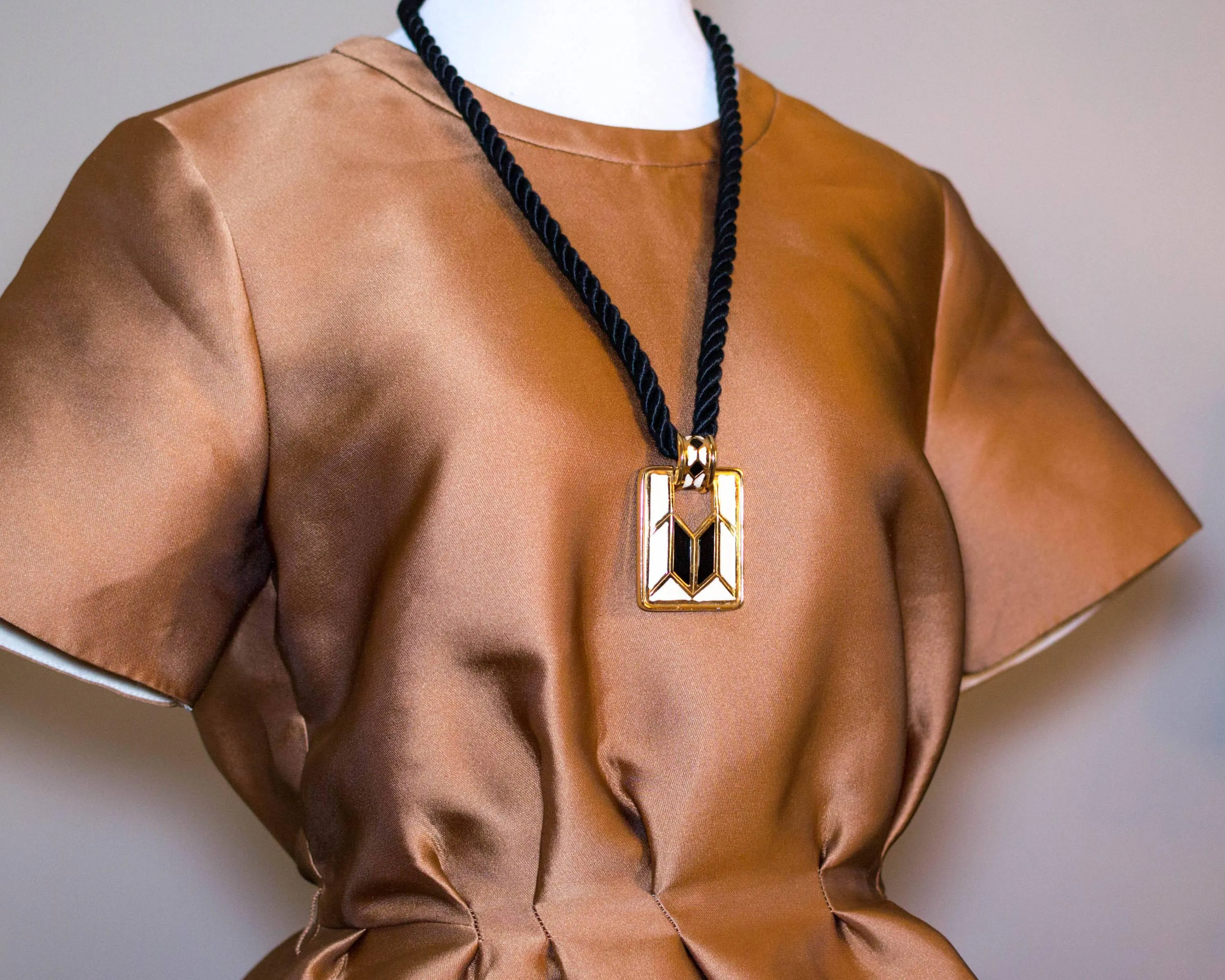 Diane von Furstenberg Cream and Black Pendant Necklace, Statement Necklace, Long Black Cord