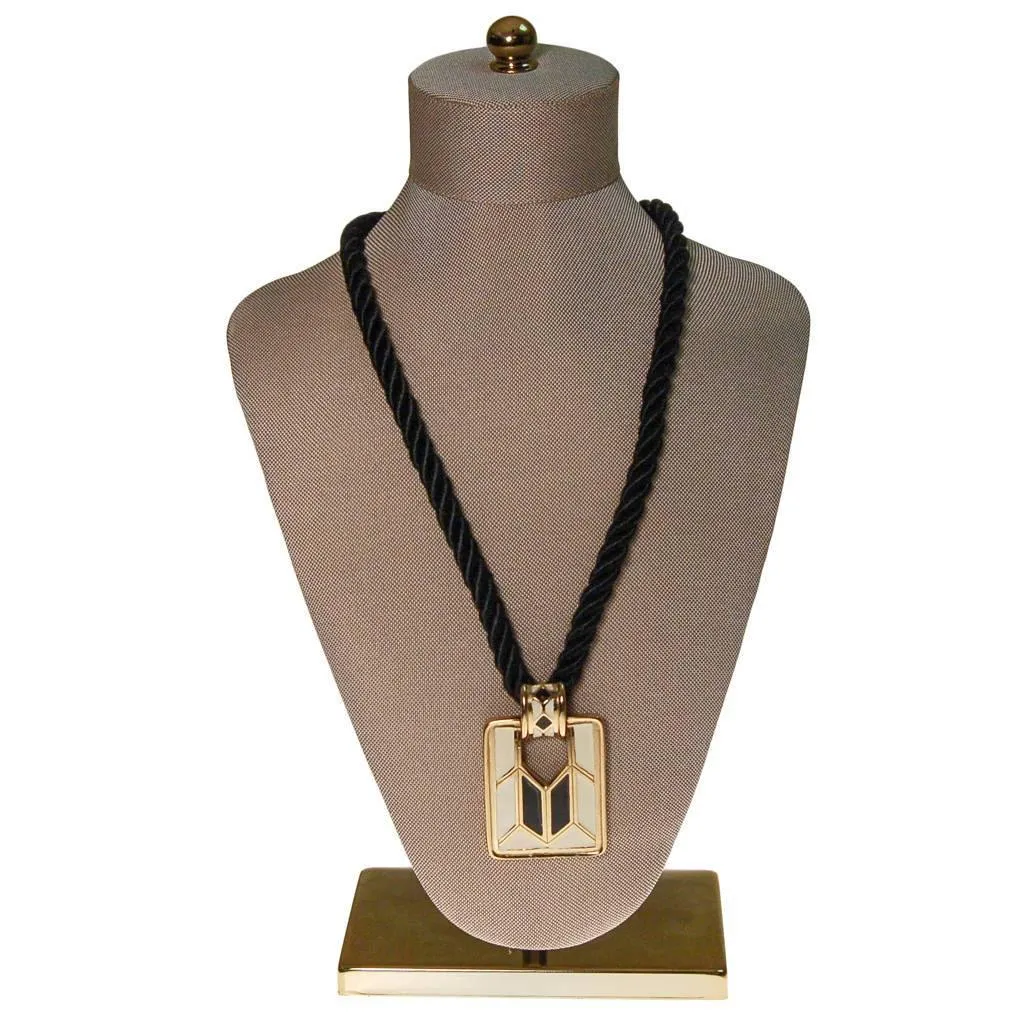 Diane von Furstenberg Cream and Black Pendant Necklace, Statement Necklace, Long Black Cord