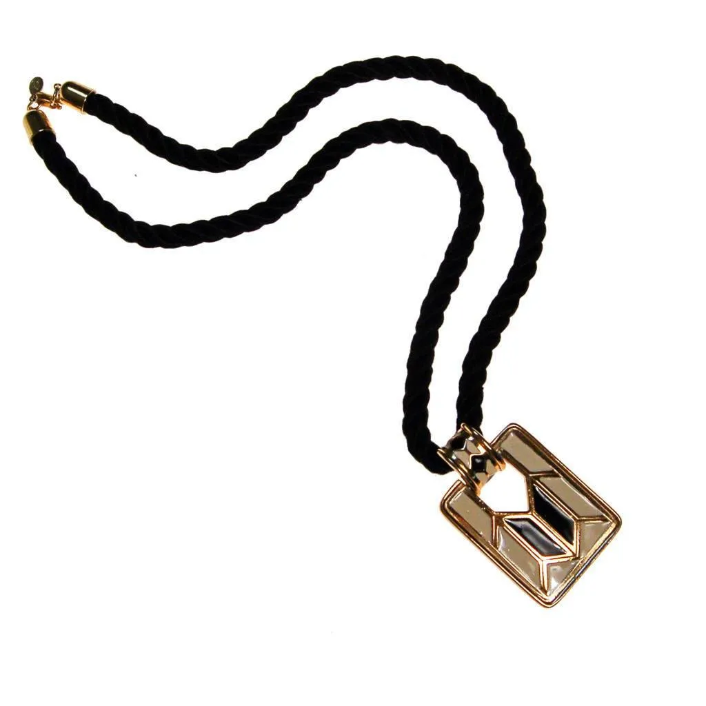 Diane von Furstenberg Cream and Black Pendant Necklace, Statement Necklace, Long Black Cord