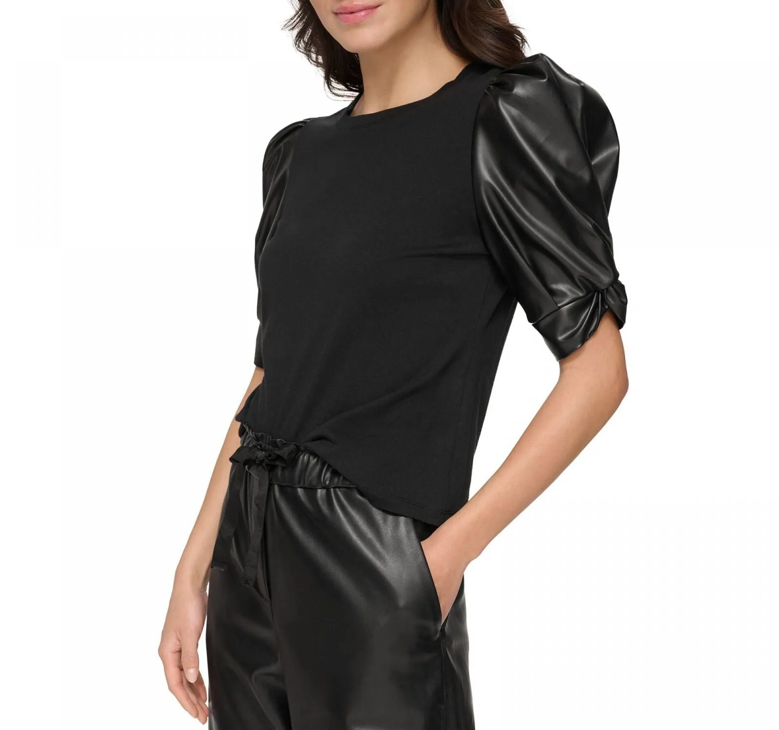 DKNY Women's Faux-Leather Puffed-Sleeve Top P2GHOOOI