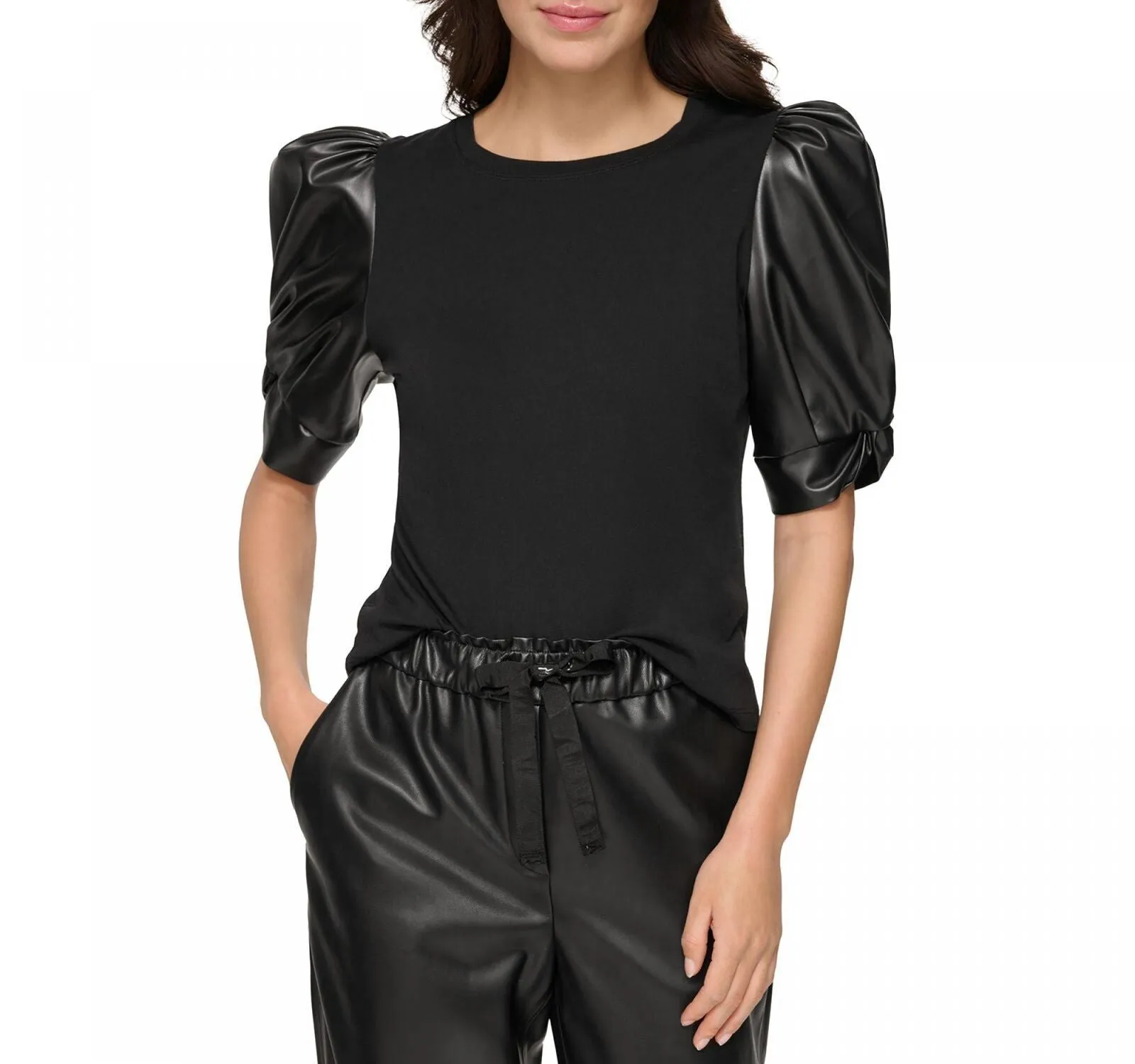 DKNY Women's Faux-Leather Puffed-Sleeve Top P2GHOOOI