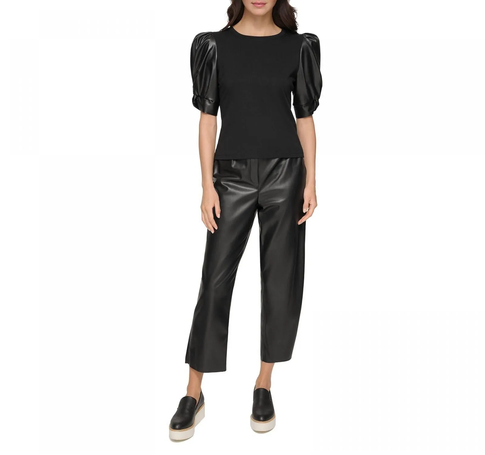 DKNY Women's Faux-Leather Puffed-Sleeve Top P2GHOOOI