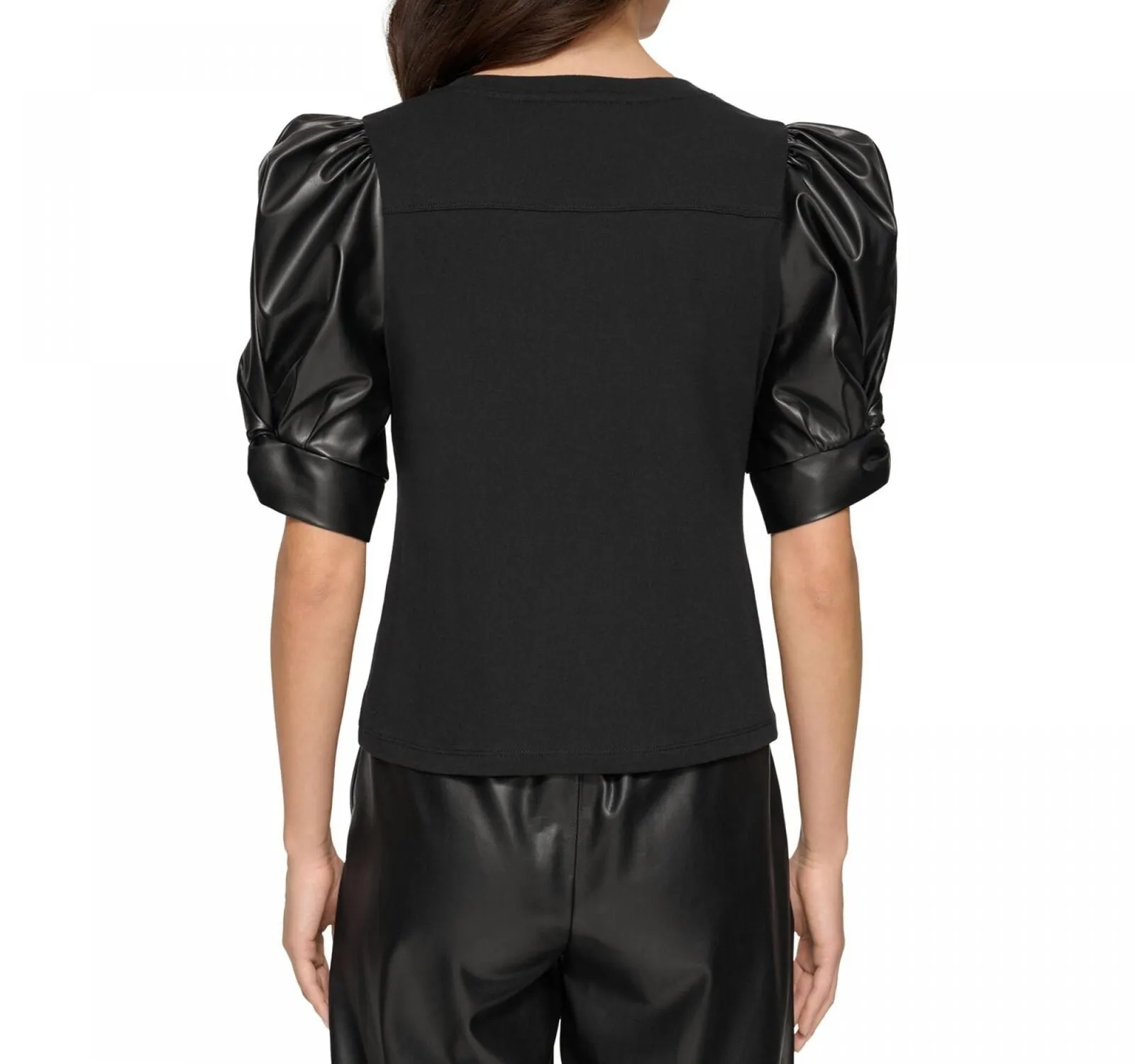 DKNY Women's Faux-Leather Puffed-Sleeve Top P2GHOOOI