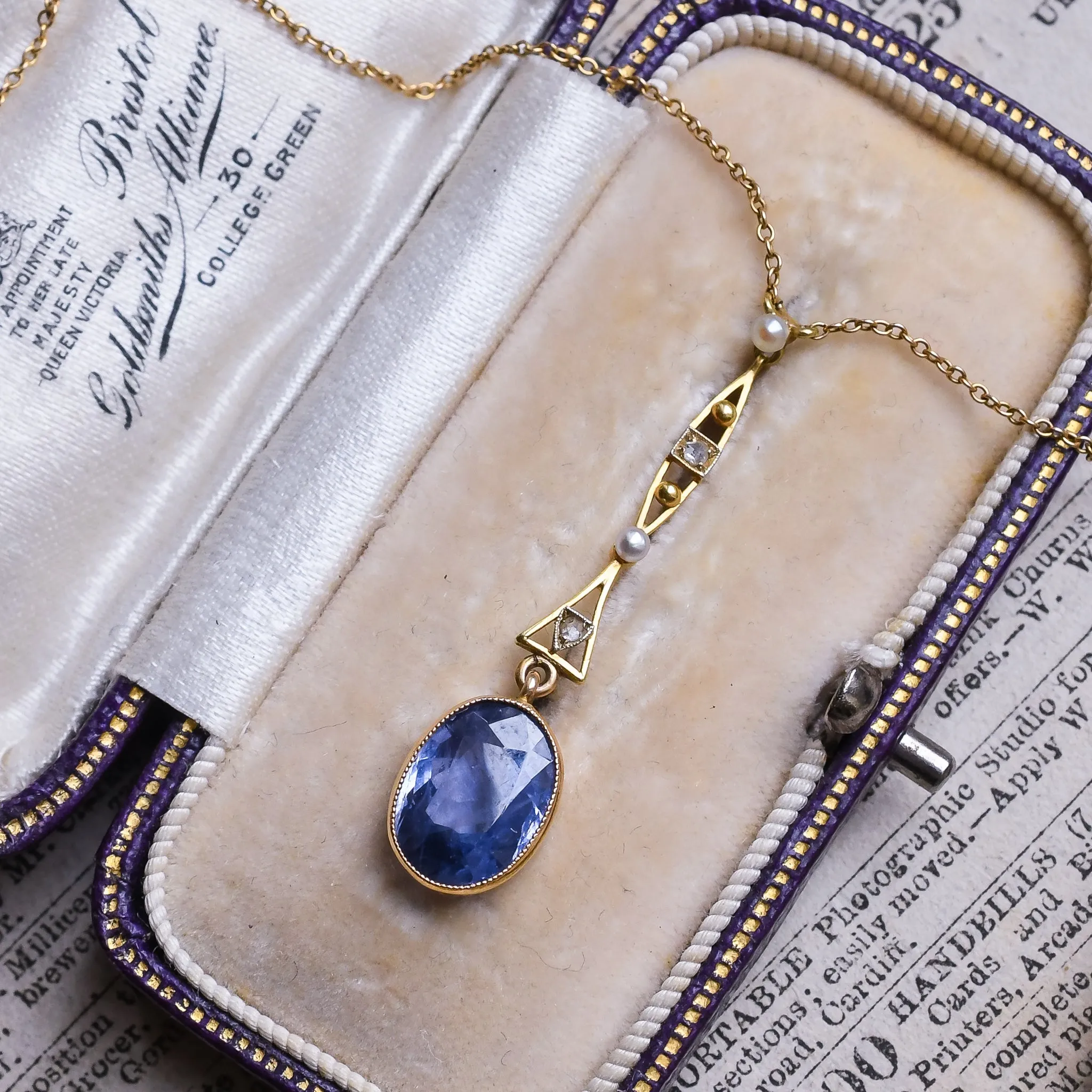Edwardian Sapphire, Diamond & Pearl Drop Necklace